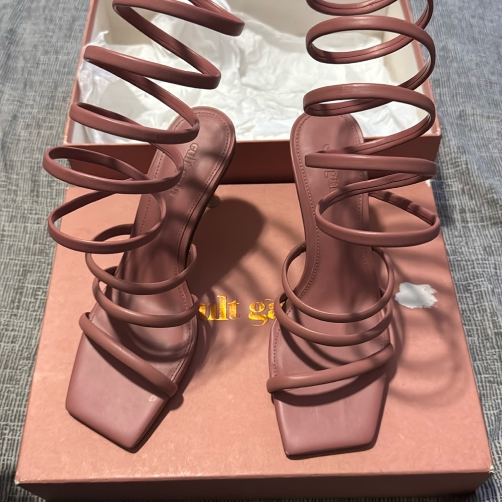 Cult Gaia Pink Strappy Heels with Lace-Up Design
